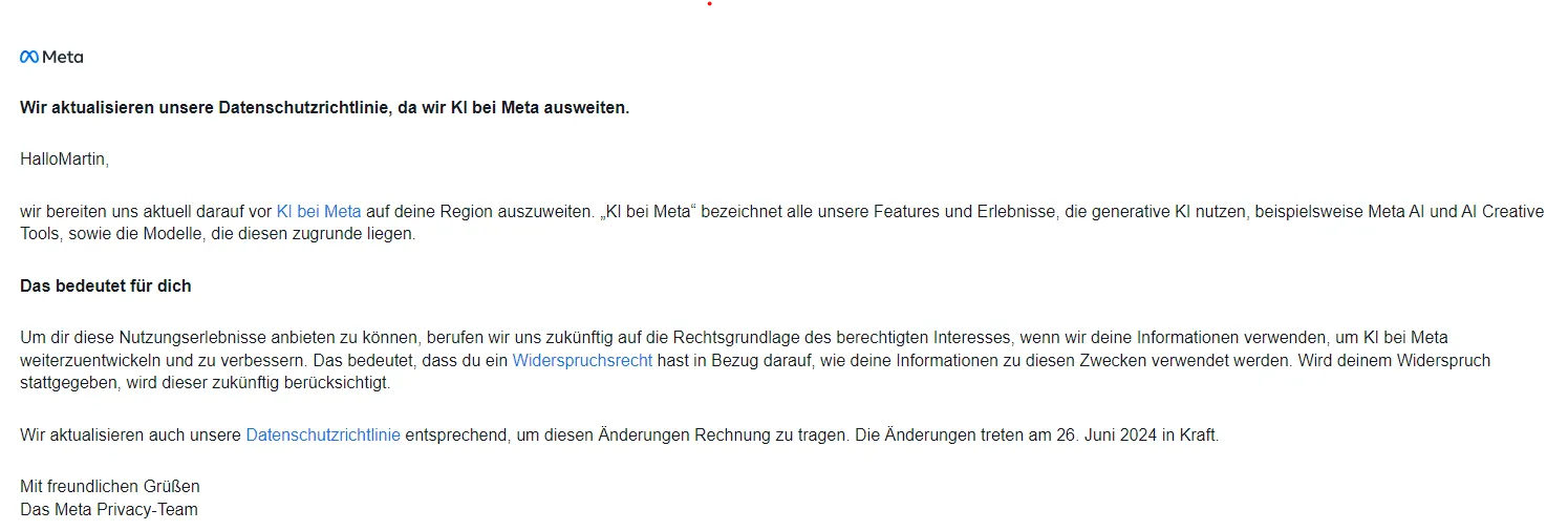 Mail von Meta mit einer Ankündigung, die Datenschutzrichtlinien zu aktualisieren, weil sie KI nutzen möchten.