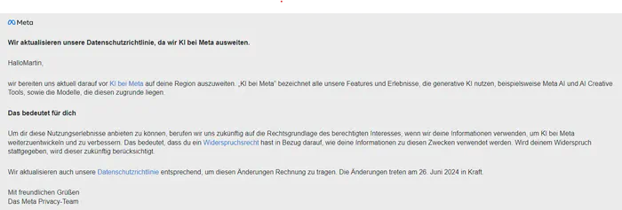 Mail von Meta mit einer Ankündigung, die Datenschutzrichtlinien zu aktualisieren, weil sie KI nutzen möchten.